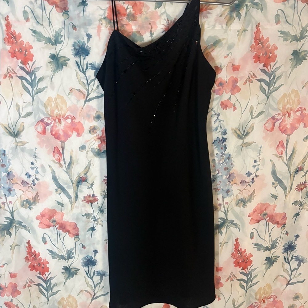 Vintage Jones New York Black Beaded One-Shoulder Slip Dress